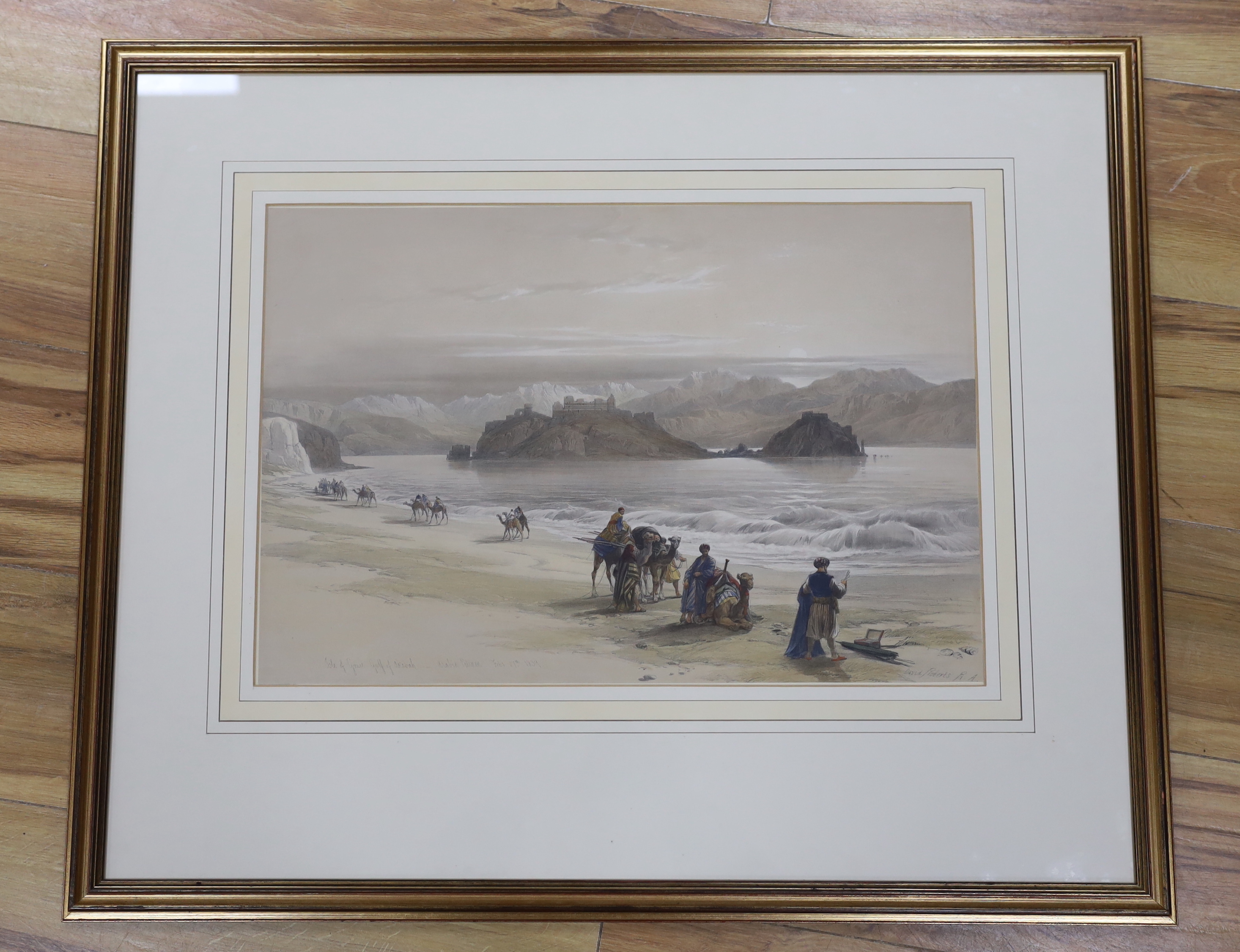 David Roberts (Scottish, 1796-1864), colour lithograph, 'Isle of Graie, Gulf of Akabah, Arabia', 34 x 50cm
